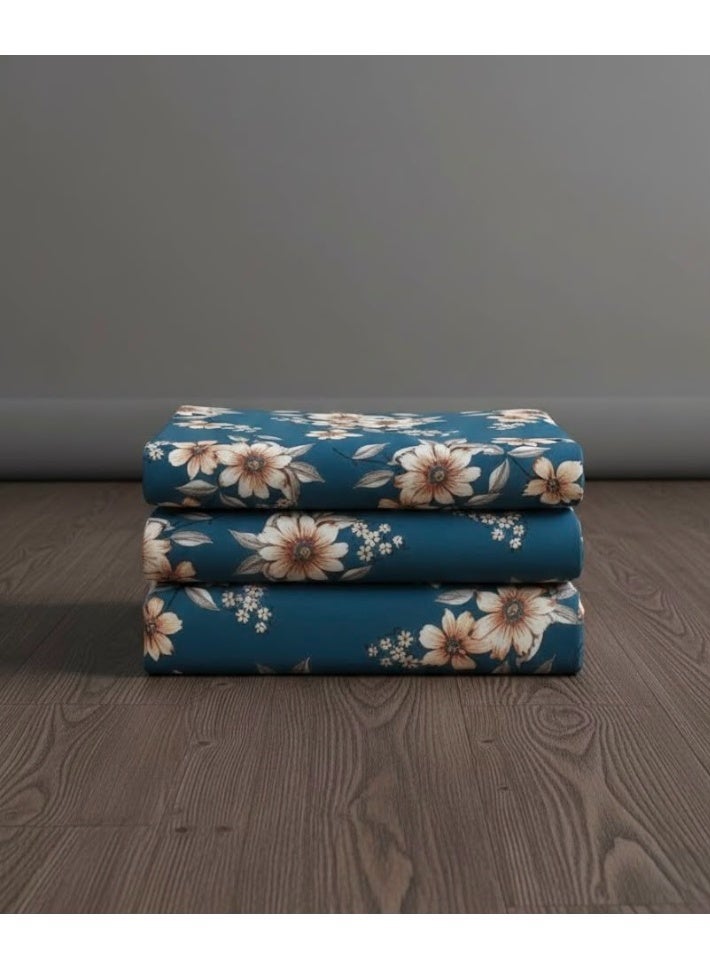 3-Piece 150 GSM Microfiber King Size Bed Sheet Set - Vintage Floral Print on Deep Blue, Includes 1 Flat Sheet (270x250 CM) & 2 Pillowcases (50x75 CM) - Image 3