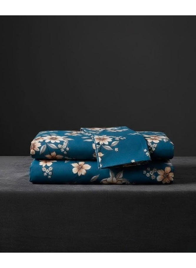 3-Piece 150 GSM Microfiber King Size Bed Sheet Set - Vintage Floral Print on Deep Blue, Includes 1 Flat Sheet (270x250 CM) & 2 Pillowcases (50x75 CM) - Image 4