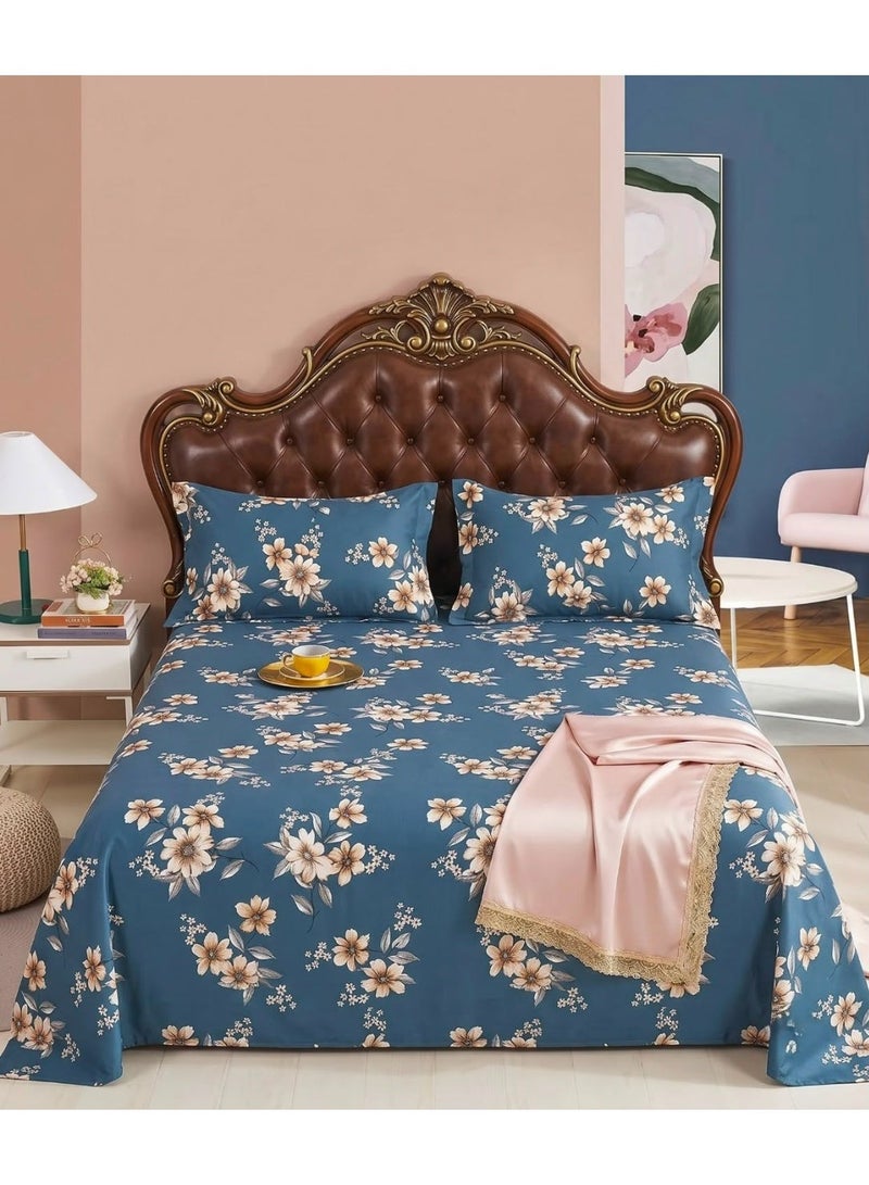 3-Piece 150 GSM Microfiber King Size Bed Sheet Set - Vintage Floral Print on Deep Blue, Includes 1 Flat Sheet (270x250 CM) & 2 Pillowcases (50x75 CM) - Image 1