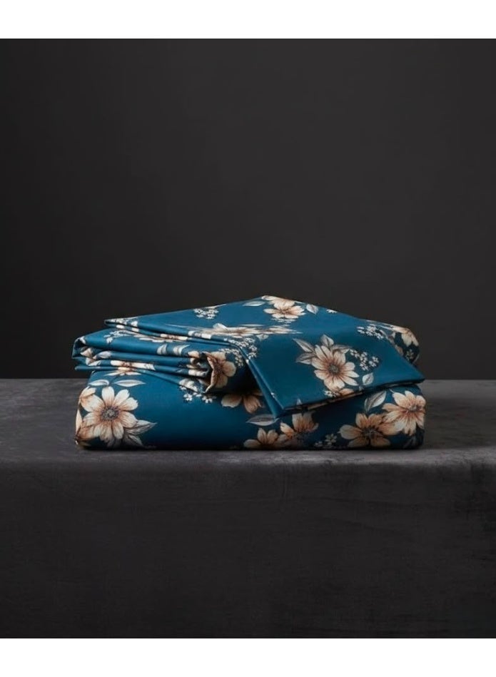 3-Piece 150 GSM Microfiber King Size Bed Sheet Set - Vintage Floral Print on Deep Blue, Includes 1 Flat Sheet (270x250 CM) & 2 Pillowcases (50x75 CM) - Image 2