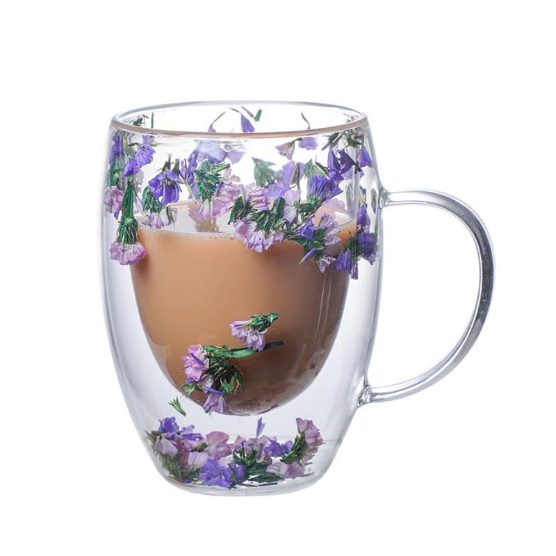 Rain House Double Glass Flower Tea Cup Aesthetic Preserved Flower Cup Cute Insulated Tea Cup with Handle Heat Resistant Leadfree Coffee Mugs Gifts for Birthday Mothers Day Perfect for Women Wife Mom C - Image 2