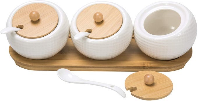 PORCELAIN CONDIMENT JAR SPICE CONTAINER WITH LIDS - BAMBOO CAP HOLDER SPOT, CERAMIC SERVING SPOON, WOODEN TRAY, KITCHEN, COUNTER.