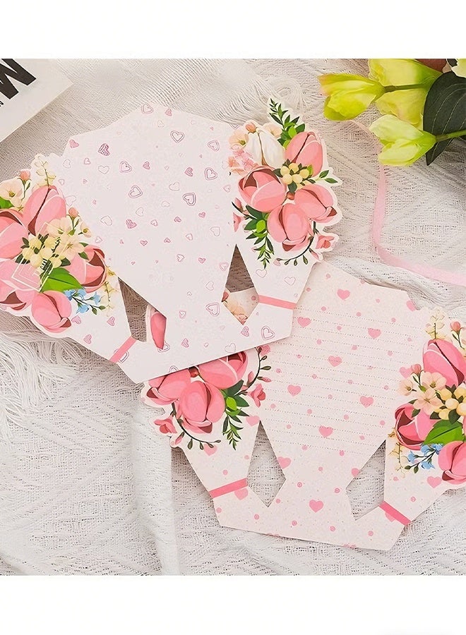 Happy D 4pcs Greeting Card 3D Bouquet Bow Greeting Card for Back Gift, Birthday, Mother's Day Gift, Wedding, Eid, Sturdy and Solid Cardstock Gift Card - Image 2