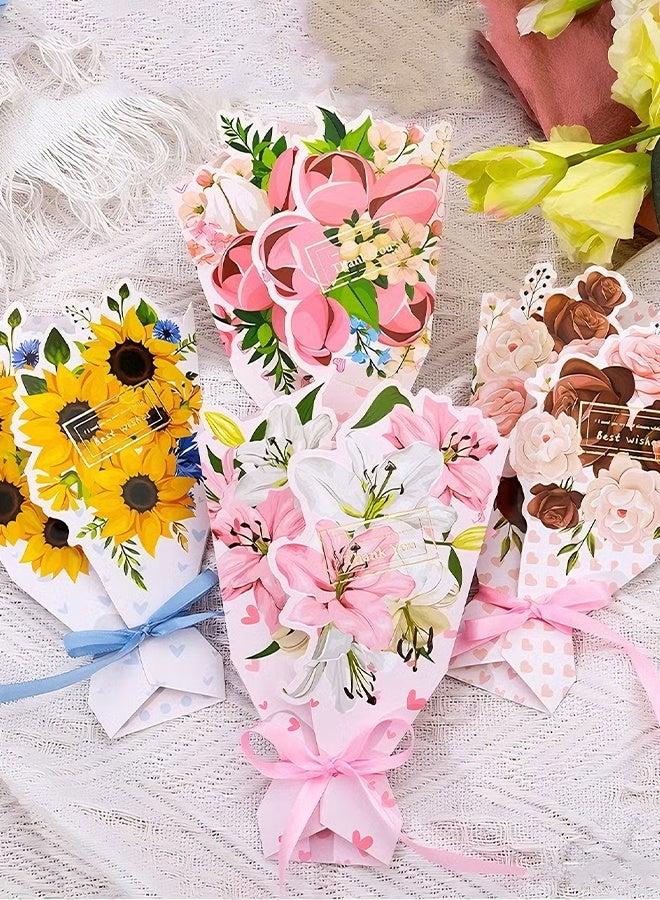 Happy D 4pcs Greeting Card 3D Bouquet Bow Greeting Card for Back Gift, Birthday, Mother's Day Gift, Wedding, Eid, Sturdy and Solid Cardstock Gift Card - Image 1