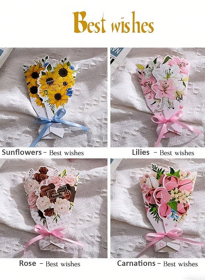 Happy D 4pcs Greeting Card 3D Bouquet Bow Greeting Card for Back Gift, Birthday, Mother's Day Gift, Wedding, Eid, Sturdy and Solid Cardstock Gift Card - Image 3