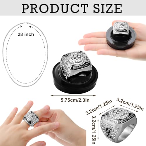 Trnayi 12 Pack Fantasy Football Championship Ring Football Trophy Ring Size 11 Sport Ball Game Award Gift with Display Stand Box Neck Chain for Ball Game Tournament League WinnerSilver - Image 3