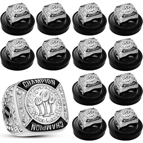 Trnayi 12 Pack Fantasy Football Championship Ring Football Trophy Ring Size 11 Sport Ball Game Award Gift with Display Stand Box Neck Chain for Ball Game Tournament League WinnerSilver - Image 1