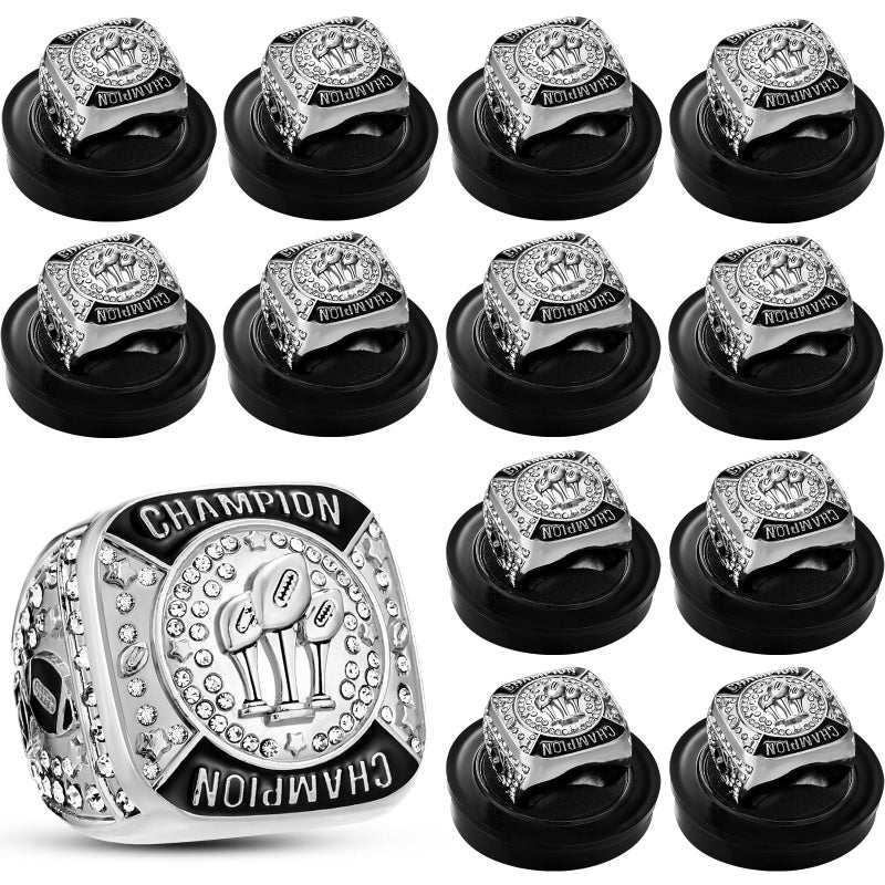 Trnayi 12 Pack Fantasy Football Championship Ring Football Trophy Ring Size 11 Sport Ball Game Award Gift with Display Stand Box Neck Chain for Ball Game Tournament League WinnerSilver - Image 2