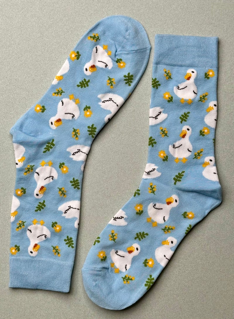 The Socks Hype 3 Pairs Duck Pattern Cotton Blend Crew Socks | Fun White Duck Design | Comfortable Casual Socks for Men & Women | Suitable for 35-42 Sizes | Cute Novelty Socks - Image 1