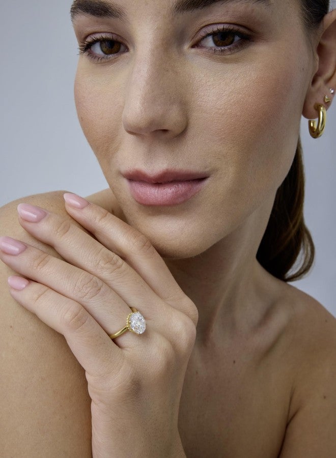 PAVOI 14K Gold Plated Oval Engagement Ring for Women - Hidden Halo 2.5CT Cubic Zirconia Promise Ring - Wedding Band, 5, White Gold, Cubic Zirconia - Image 4