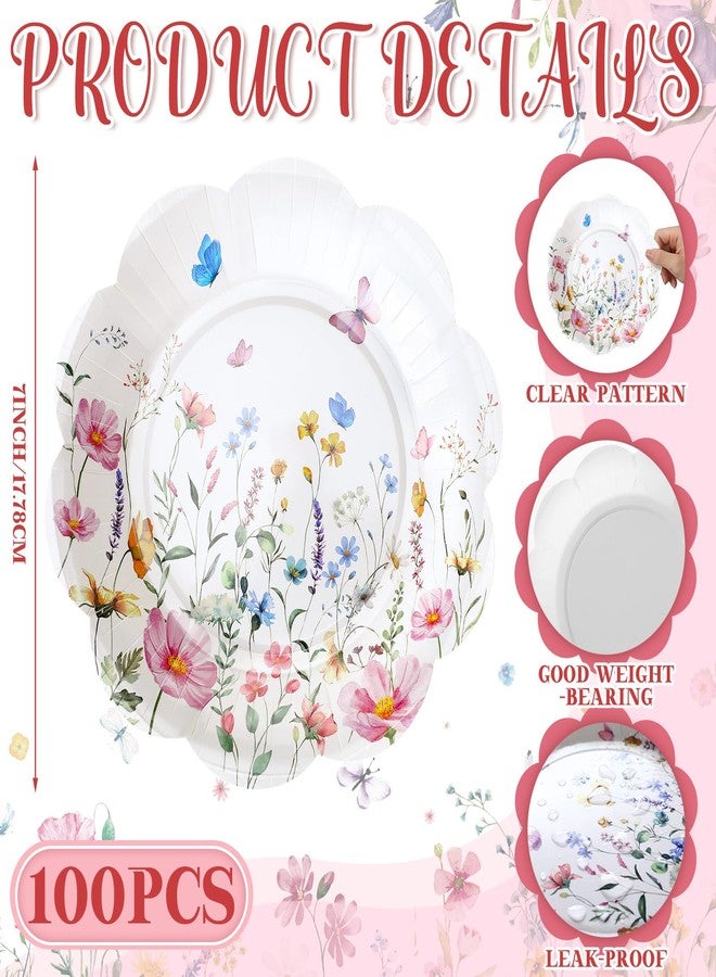 Suttmin 100 Pcs Wildflower Paper Plates Disposable Dessert Baby Bridal Shower Party Supplies Floral Dessert Plates Bulk Birthday Tea Party Serving Tray for Wedding Birthday - Image 2