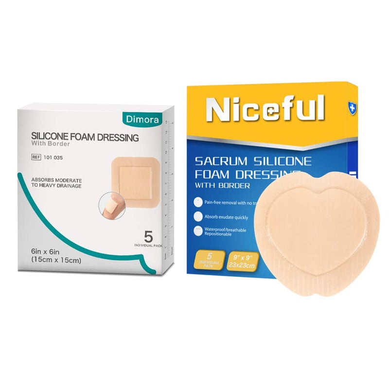Dimora Silicone Foam Dressing 9x9 5 PacksSilicone Foam Dressing 6 x 643 X 43 pad Adhesive Dressing High Absorbency Sacral Foam Dressing - Image 1