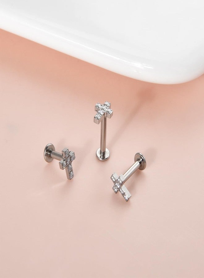 Lantine 14g 6mm Cross Lip Labret Medusa Monroe Helix Daith Cartilage Conch Piercing Jewelry Implant Grade Titanium Cz Push in Flat Back Stud Earrings - Image 4