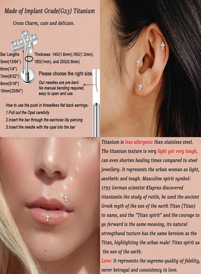 Lantine 14g 6mm Cross Lip Labret Medusa Monroe Helix Daith Cartilage Conch Piercing Jewelry Implant Grade Titanium Cz Push in Flat Back Stud Earrings - Image 3