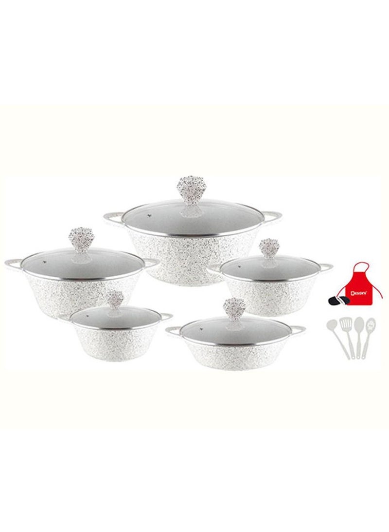 DESSINI 17-Piece Granite Saving Energy Aluminum Cookware Set Includes 1xCasserole With Lid 20cm, 1xCasserole With Lid 24cm, 1xcCasserole With Lid 28cm, 1xCasserole With Lid 32cm, 1xShallow Casserole With Lid 28cm, 7xCooking Tools White 