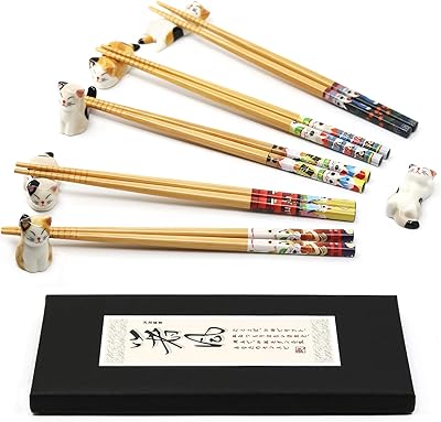 AP ARTSPER AP ARTSPER 5 Pairs Chopsticks and 6 Cute Lucky Cat Chopstick Holders, Classic Japanese Style Reusable Bamboo Natural  - Image 1