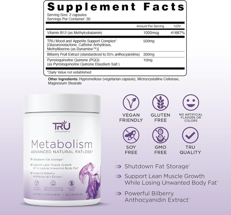 TRU Supplements Metabolism Advanced Fat Loss Fight Cravings Boost Mood No Jitters or Crash 30 Servings - Image 2