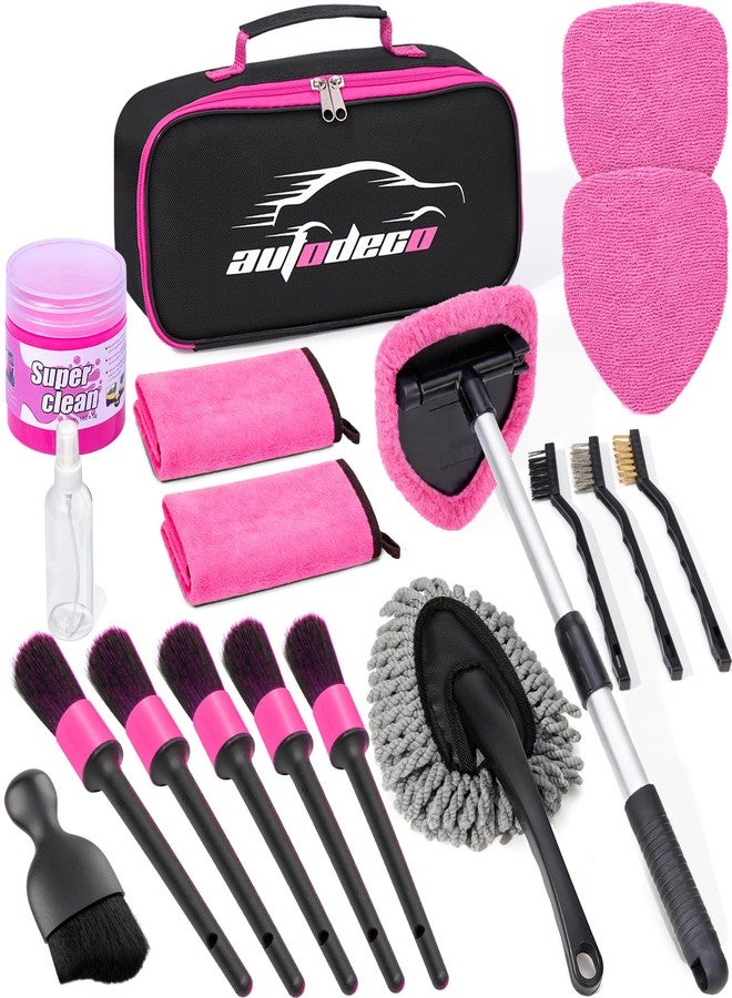 AUTODECO Windshield Cleaner Tool, 17Pcs Car Interior Detailing Kit, Detailing Brush, Towels, Duster, Car Cleaning Kit Interior for RVs, Truck, Trailer (Pink) - Image 1
