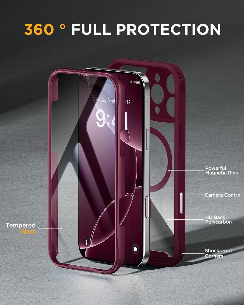 Miracase for iPhone 16 Pro Max Case 6.9'', [Bubble Free] Full-Body Bumper Phone case with Built-in Full Glass Screen &Lens Protector,Compatible with MagSafe,Drop Proof 16 Pro Max Cover,Plum - Image 2