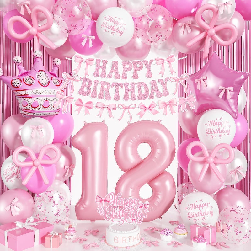 Togvu 18th Pink Bow Birthday Decorations for Girls, Coquette Party Decor Include 40 Inch Foil Number 18 Crown Star Balloon Double Stuffed Balloon Pink Bows Cake Topper Happy Birthday Banner Fringe Curtain - Image 1