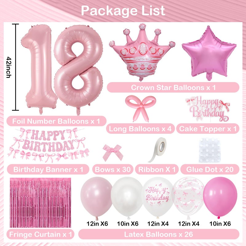 Togvu 18th Pink Bow Birthday Decorations for Girls, Coquette Party Decor Include 40 Inch Foil Number 18 Crown Star Balloon Double Stuffed Balloon Pink Bows Cake Topper Happy Birthday Banner Fringe Curtain - Image 2