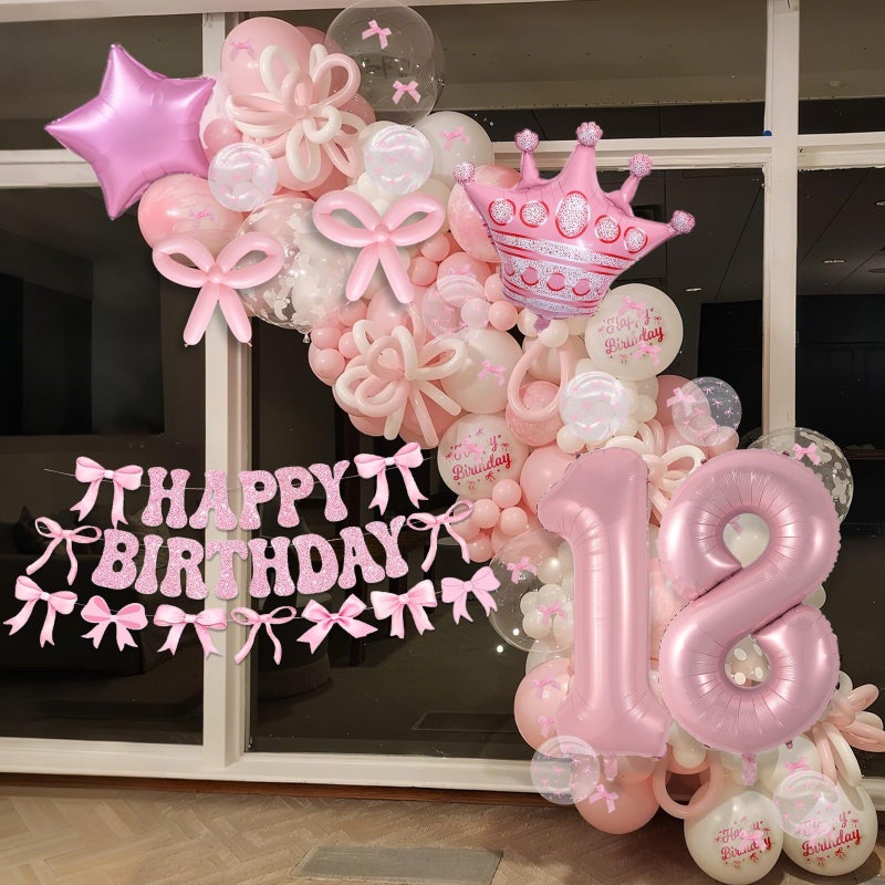 Togvu 18th Pink Bow Birthday Decorations for Girls, Coquette Party Decor Include 40 Inch Foil Number 18 Crown Star Balloon Double Stuffed Balloon Pink Bows Cake Topper Happy Birthday Banner Fringe Curtain - Image 3