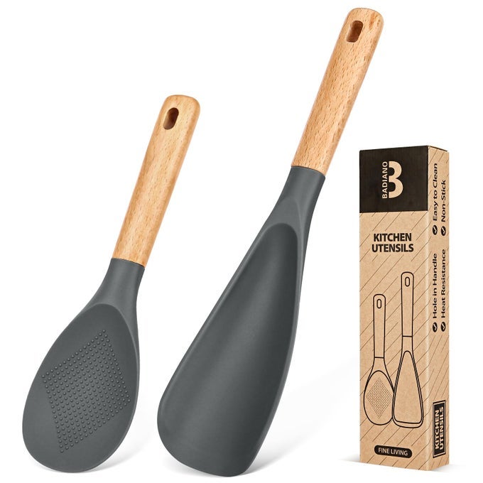 COOKING SPOON AND RICE SCOOPER FOR NONSTICK COOKWARES GREAT FOR COOKING AND SERVING STURDY BPAFREE MATTE SILICONE WOOD HANDLE SPOON FOR MIXING SCOOP AND SCRAPE GREY