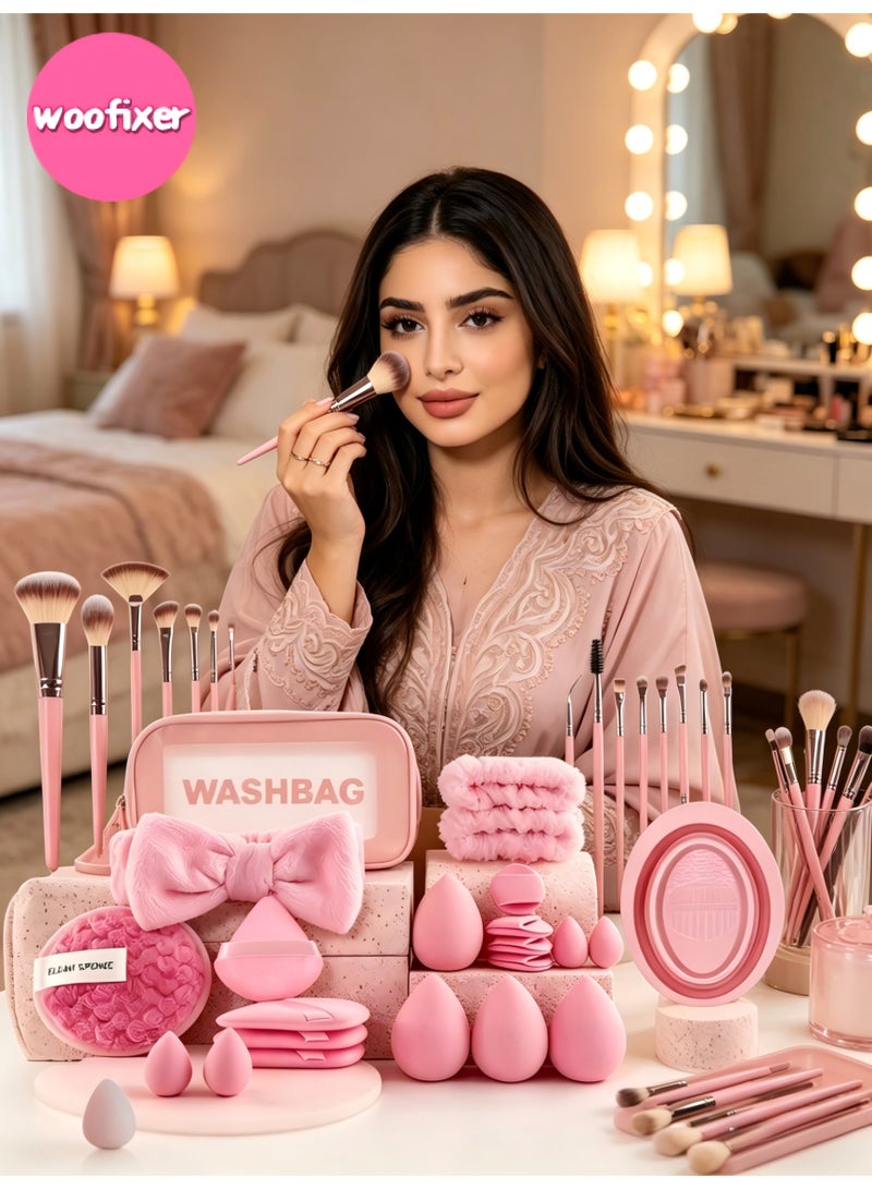 Woofixer 42Pcs Pink Makeup Brush Set with Sponge Puff Headband Washbag Full Face Brushes Kit Foundation Blush Eyeshadow Blending Brush Makeup Sponge Beauty Tools Set for Women Beginners - Image 3