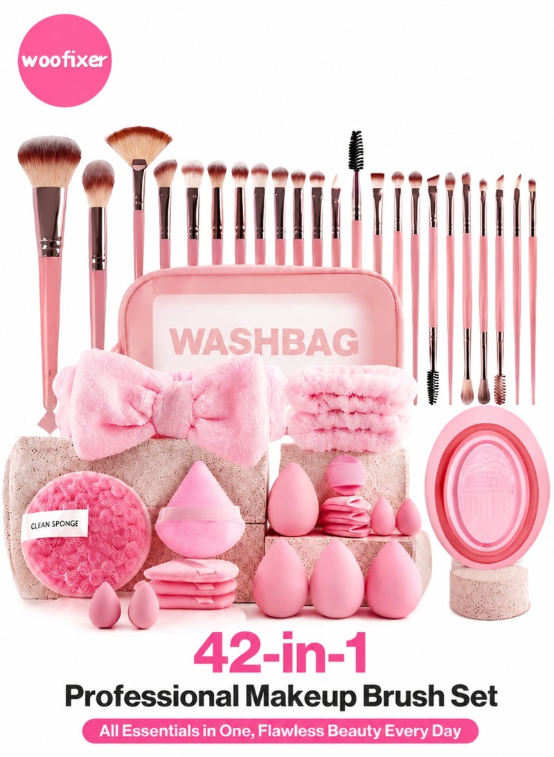 Woofixer 42Pcs Pink Makeup Brush Set with Sponge Puff Headband Washbag Full Face Brushes Kit Foundation Blush Eyeshadow Blending Brush Makeup Sponge Beauty Tools Set for Women Beginners - Image 1