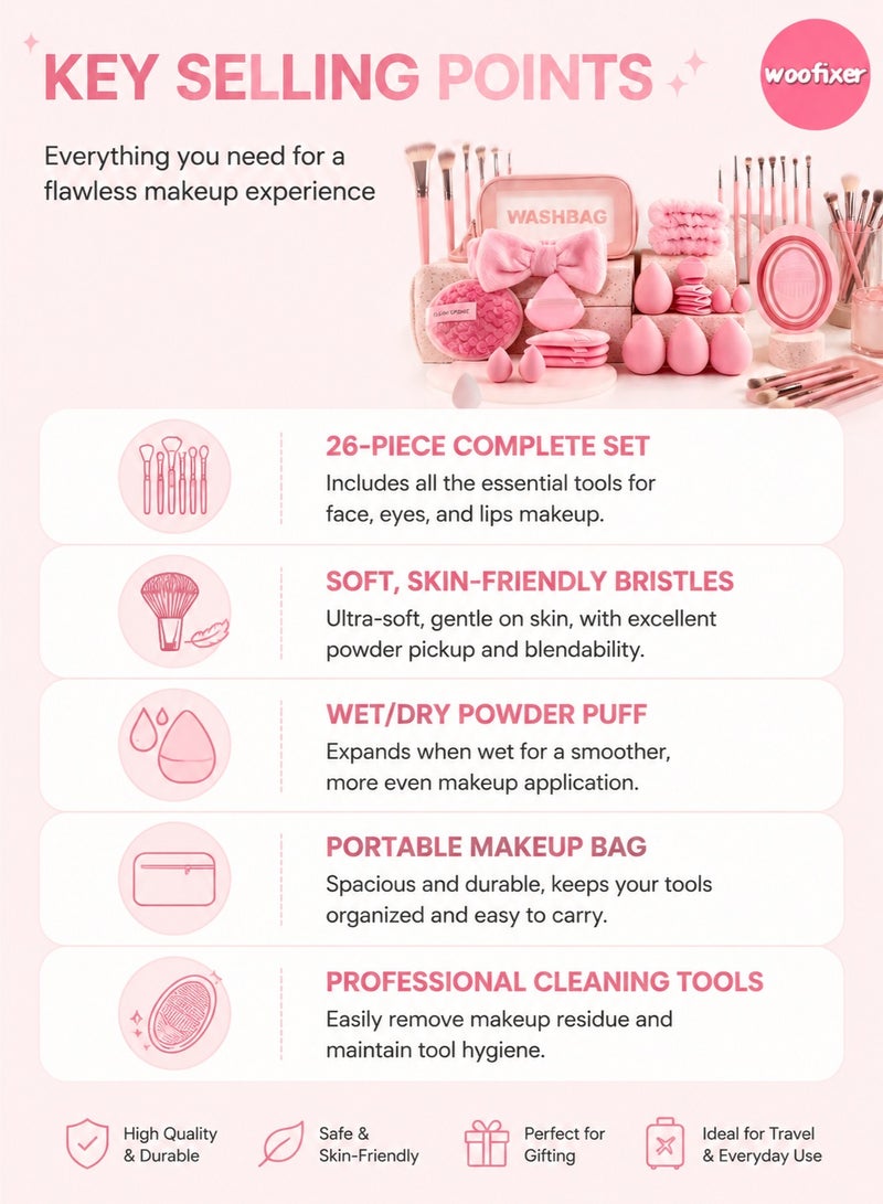Woofixer 42Pcs Pink Makeup Brush Set with Sponge Puff Headband Washbag Full Face Brushes Kit Foundation Blush Eyeshadow Blending Brush Makeup Sponge Beauty Tools Set for Women Beginners - Image 2