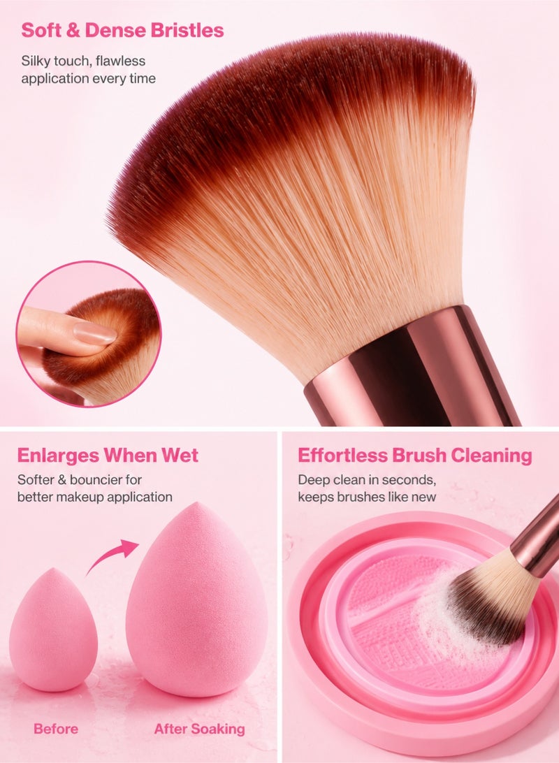 Woofixer 42Pcs Pink Makeup Brush Set with Sponge Puff Headband Washbag Full Face Brushes Kit Foundation Blush Eyeshadow Blending Brush Makeup Sponge Beauty Tools Set for Women Beginners - Image 4