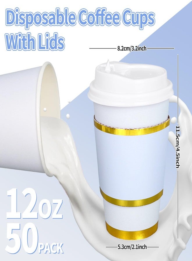 JarThenaAMCS 50Pcs Blue Disposable Coffee Cups with Lids and Sleeves 12Oz Foil Gold Border Cups for Wedding Holiday Picnic Birthday Party Bridal Favor Coffee Beverage Tea - Image 2