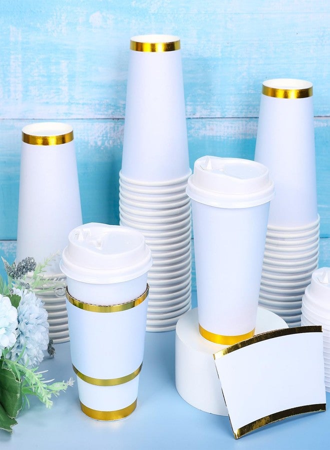 JarThenaAMCS 50Pcs Blue Disposable Coffee Cups with Lids and Sleeves 12Oz Foil Gold Border Cups for Wedding Holiday Picnic Birthday Party Bridal Favor Coffee Beverage Tea - Image 4