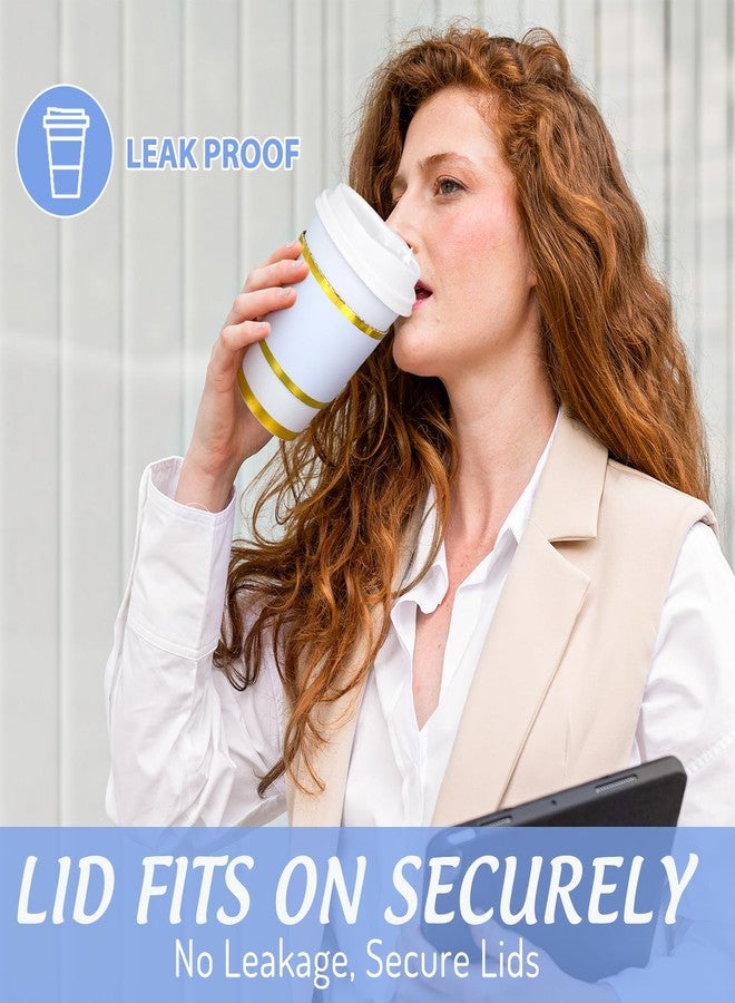 JarThenaAMCS 50Pcs Blue Disposable Coffee Cups with Lids and Sleeves 12Oz Foil Gold Border Cups for Wedding Holiday Picnic Birthday Party Bridal Favor Coffee Beverage Tea - Image 5