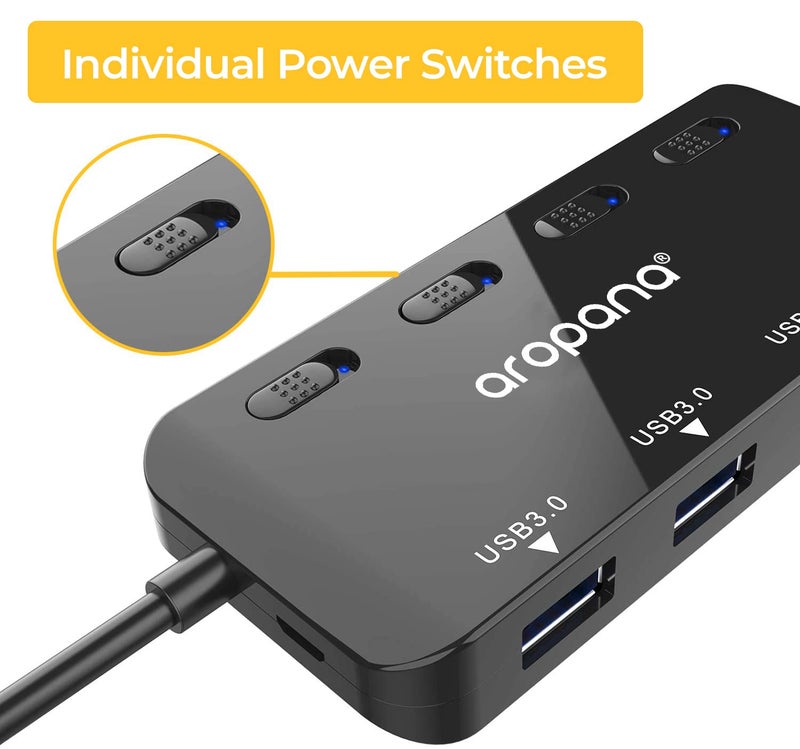 AROPANA USB 3.1 Gen 1 /USB 3.0 High Speed 5Gbps Hub for Laptop 4 Port Portable Adapter with Individual Power ON/Off Switch and Individual Blue LED Indicators (with 2ft /60cm Long Cable) - Image 2
