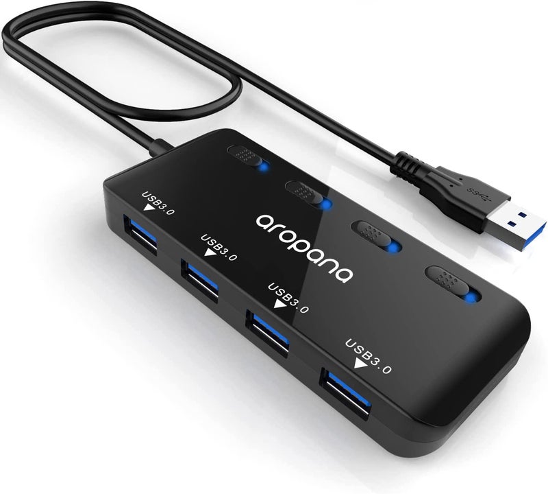 AROPANA USB 3.1 Gen 1 /USB 3.0 High Speed 5Gbps Hub for Laptop 4 Port Portable Adapter with Individual Power ON/Off Switch and Individual Blue LED Indicators (with 2ft /60cm Long Cable) - Image 1