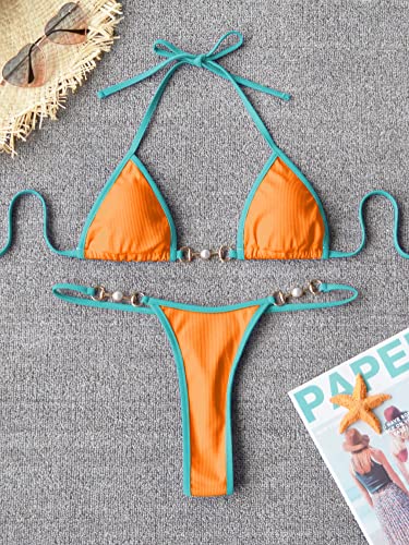 TASHEHE Women's Triangle Thong Bikini Set Sexy String Brazillian Two Piece Swimsuit Cute Bikini Bathing Suit - Orange - Medium - Image 5