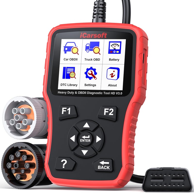 Heavy Duty Truck Scanner iCarsoft HD V30 MultiSystem OBD2 Diagnostic Scan Tool for Truck Car Mini Van Light Duty Vehicle Code ReaderBattery Test Graphic Data DisplayRed