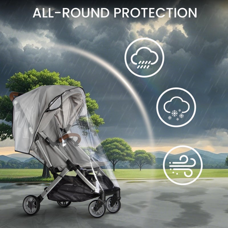 Bemece Stroller Rain Cover, Universal Stroller - Waterproof Windproof Travel Weather Shield Thick & Durable Protect from Dust and Snow with Breathable Ventilation Mesh Clear Visibility - Image 2