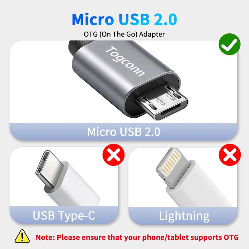 Togconn USB to Micro USB Adapter 2 Pack, Unidirectional Micro USB Male to USB Female 2.0 OTG On-The-Go Cable Converter, Nylon Braided, Aluminum Shells for S7 LG, Flash Drive, Mouse, Keyboard, Game Controller - Image 2