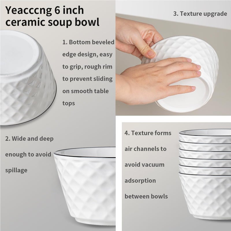 Yeacccng Ceramic Soup Bowls Set of 6, 30 Oz White Cereal Bowls, 6 inch Small Soup Bowls for Soup, Oatmeal, Salad, Pasta, Snacks, Fruits, Dishwasher & Microwave Safe, Scratch-Resistant, Lead-Free - Image 3