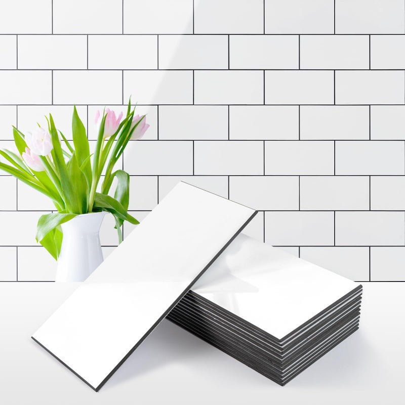 Vamos Tile 100-Piece Glossy Pure White Peel and Stick Backsplash Tile,3''x6'' PVC Subway Tile with Dark Gray Grout,Stick on Backsplash for Kitchen/Bathroom/Fireplace - Image 1