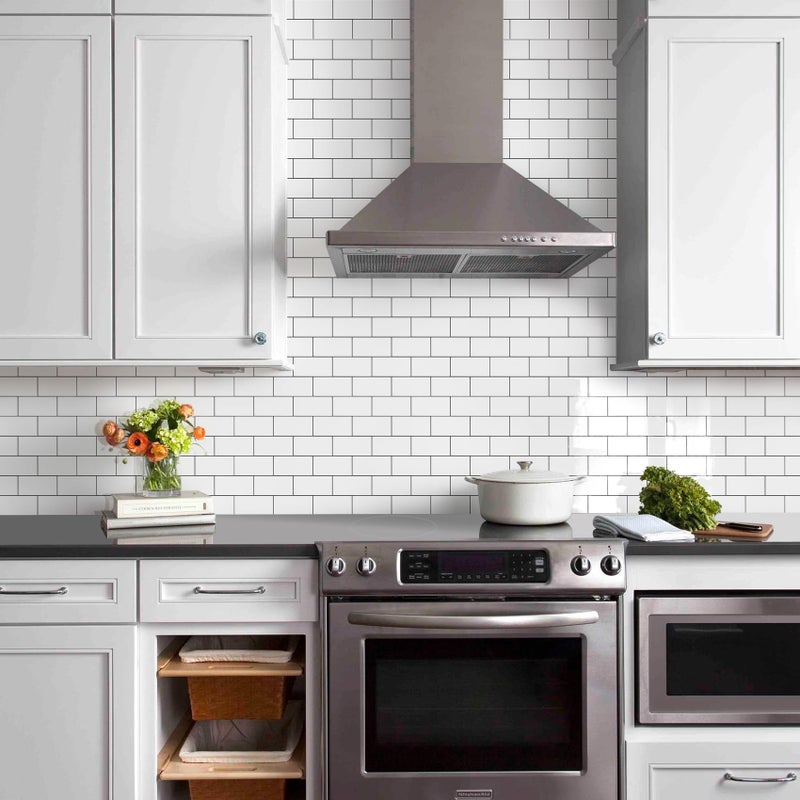 Vamos Tile 100-Piece Glossy Pure White Peel and Stick Backsplash Tile,3''x6'' PVC Subway Tile with Dark Gray Grout,Stick on Backsplash for Kitchen/Bathroom/Fireplace - Image 2