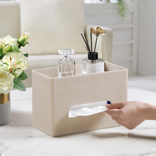 Cretkhp Tissue Box Cover Rectangle with Storage Tray, PU Leather Tissue Holder for Bathroom Vanity Countertop Night Stands Bedroom Office Desk, Stylish Rectangular Tissue Box Holder (Beige) - Image 2