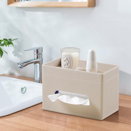 Cretkhp Tissue Box Cover Rectangle with Storage Tray, PU Leather Tissue Holder for Bathroom Vanity Countertop Night Stands Bedroom Office Desk, Stylish Rectangular Tissue Box Holder (Beige) - Image 5