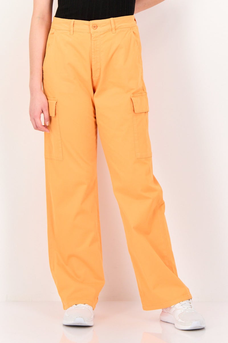 Reiko Women Regular Fit Solid Cargo Pants, Orange - Image 1