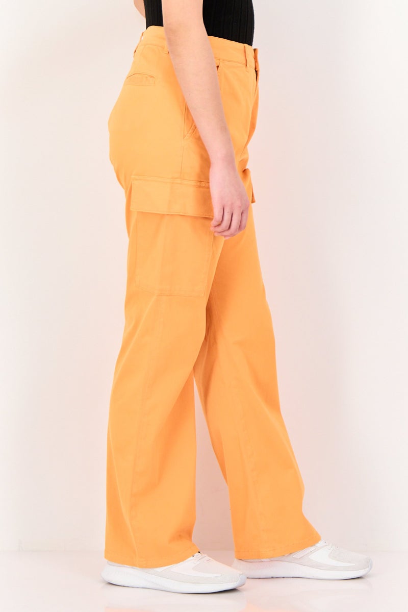 Reiko Women Regular Fit Solid Cargo Pants, Orange - Image 2