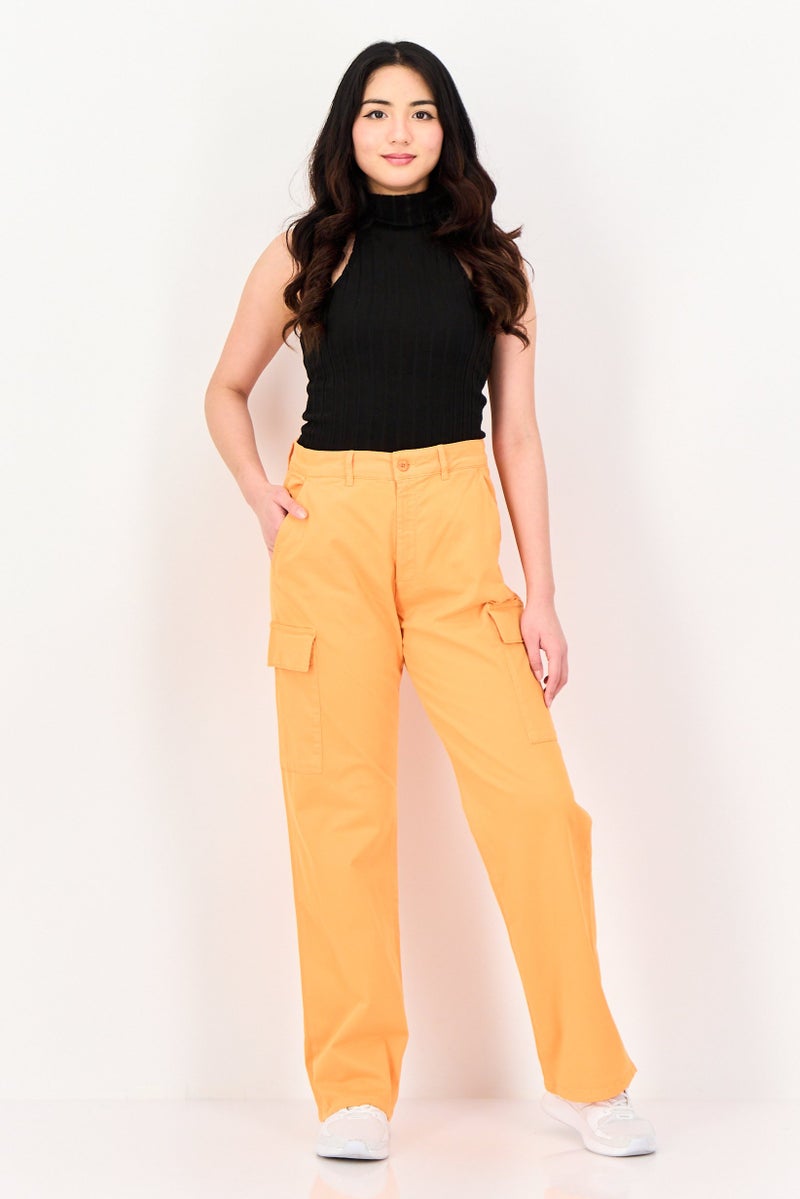 Reiko Women Regular Fit Solid Cargo Pants, Orange - Image 4