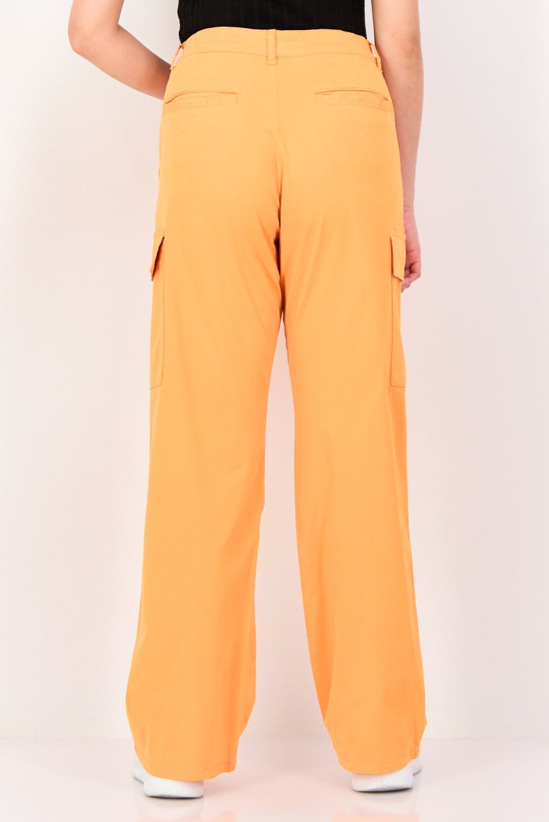 Reiko Women Regular Fit Solid Cargo Pants, Orange - Image 3