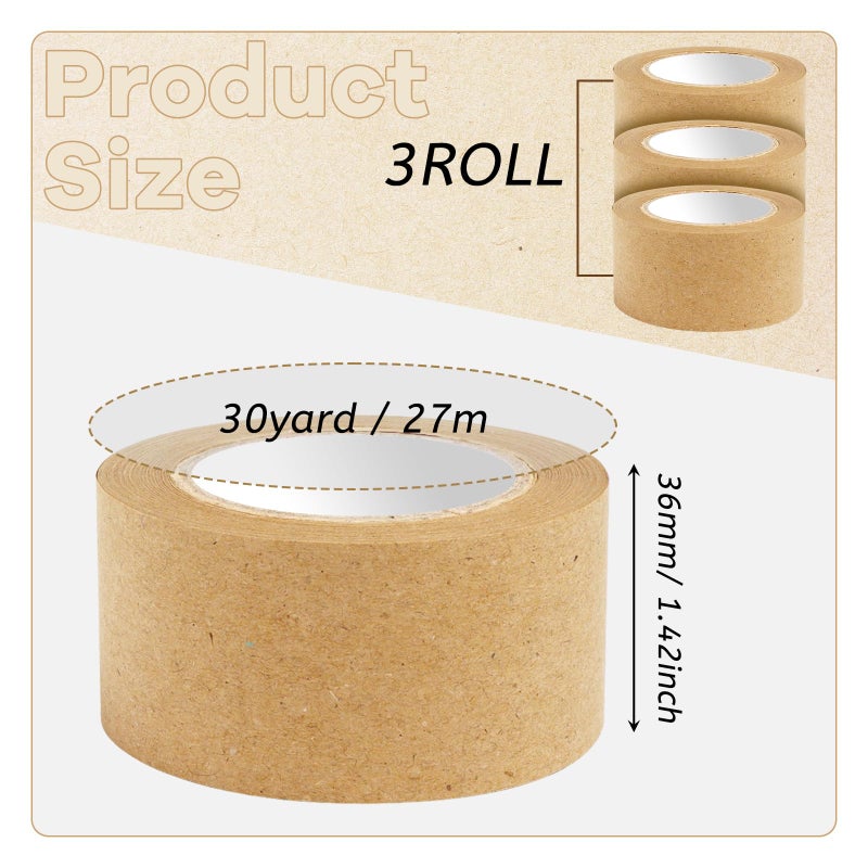 SBYURE 3 Pack Brown Paper Tape,Water Activated Tape Reinforced Packing Tape Kraft Tape with Strong Adhesive Paper Packing Tape for Packaging and Shipping - 36mm x 89yd - Image 2
